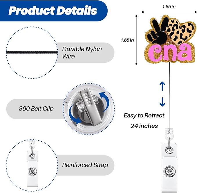 Cute CNA Badge Reel, Leopard Heart Retractable ID Card Badge Holder with Alligator Clip, Gifts for Nurses, Certified Nursing Assistant Badge Buddy