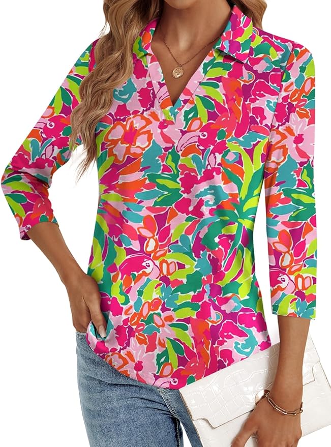 3/4 Length Sleeve Womens Tops Dressy Casual V Neck Polo Shirts Business Work Blouses 2025 Trendy Tunic Top