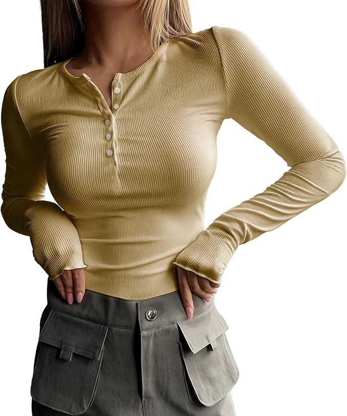 MARSVOVO Fashion Crop Tops for Women Scoop Neck Button Comfy Ribbed Slim Fit Cute Shirts Casual Party Fall Tops