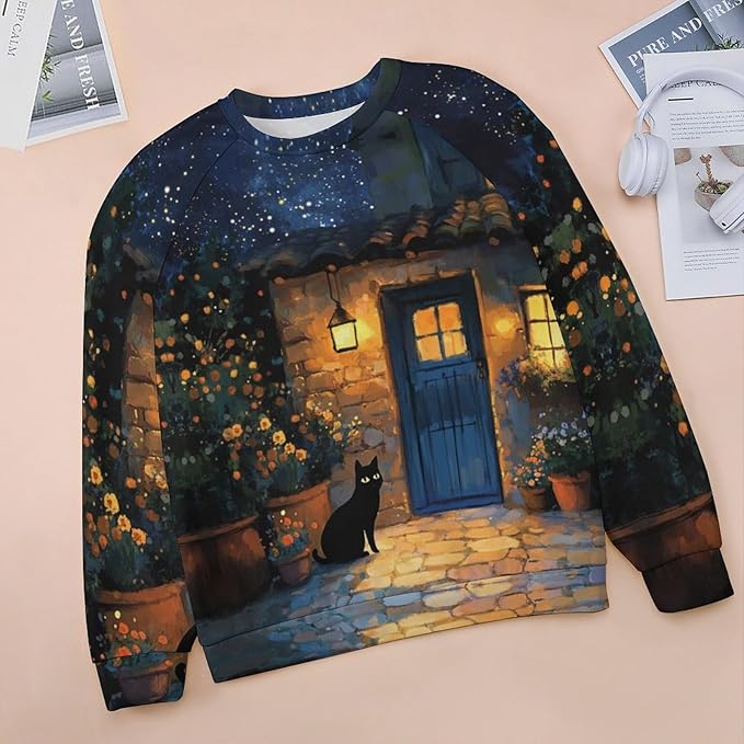 Spatofa Womens novelty funny cat printed crewneck sweatshirt casual loose long sleeve graphic pullover sweatshirts tops