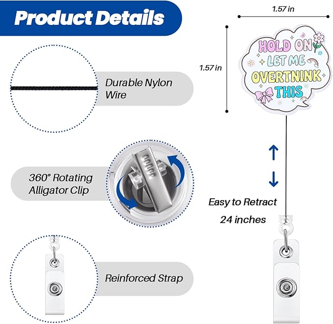 Hold On Let Me Overthink This Funny Medical Badge Reel | Cute Retractable ID Card Badge Holder | Name Tag Work Badge Clip for RN LPN CNA MA PCA ST Night Shift Nurse Psychotherapist Gifts | Acrylic