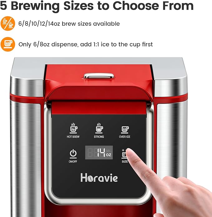 Horavie Single Serve Coffee Maker for K-Cup Pod and Grounds, Hot and Iced Coffee Maker, Strong Button Feature, 6 to 14oz Brew Sizes, 50oz Removable Reservoir, Fit 6.5" Mugs, Stainless Steel, Red