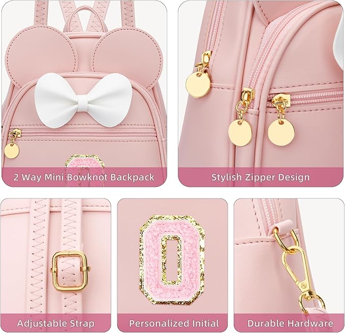 KKXIU Girls Initial Bowknot Cute Mini Backpack for Toddler, Travel Small Girl Backpacks, Personalized Valentine's Day Gifts for Little Girls and Kids(O, Pink)