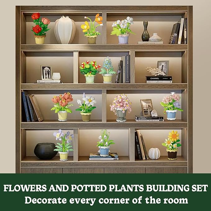 PQKIE 12 Pcs Flowers Bouquet Building Set,2531 Pcs Flower Botanical Collection Building Block Toy,Micro Plant for Home or Office Decor, Mother's Day Valentine Christmas Birthday Gifts for Adults,Girls