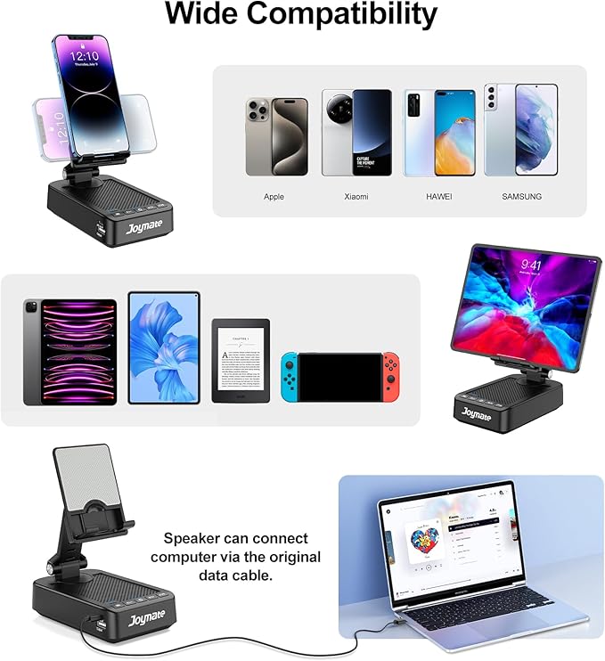 Gifts for Men Women, Phone Stand with Bluetooth Speaker and Charging Function 360° Rotable Angle Adjustable Cell Phone Holder with HD Stereo Sound Fits All Phones,Tablet (Black)