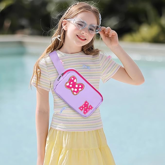 Chenille Initial Letter Bow Mouse Fanny Pack, Waterproof Park Crossbody Bag Christmas Birthday Gifts for Teen Girls Daughter Women Kids Adults, Cute Belt Bag Must Haves for Park Travel (N, Purple)