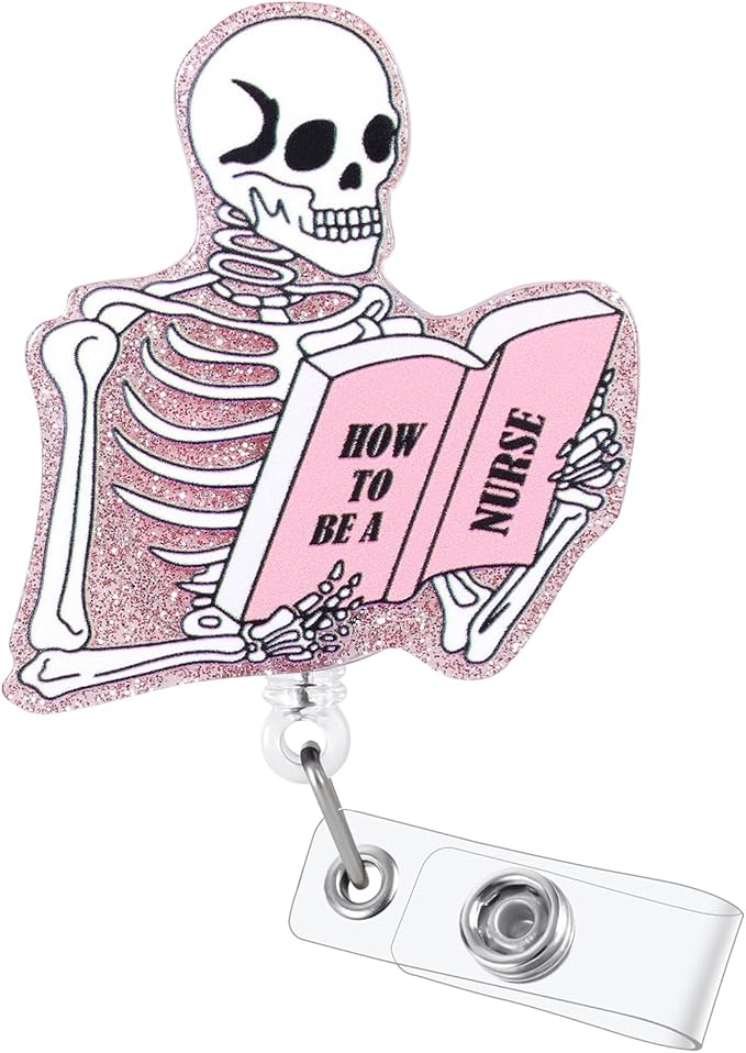 Funny Skeleton Nurse Badge Reel, How to BE A Nurse Fun Badge Holder with Retractable Clip, Pink Medical Badge Clip for RN CNA LPN LVN Hospital Medical Worker Nursing Student