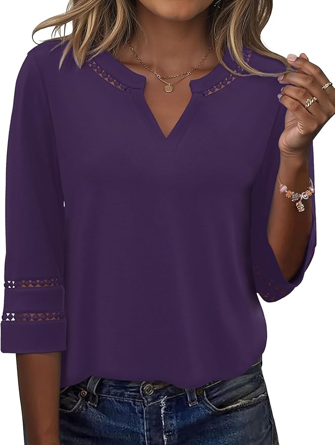 Ivicoer 3/4 Length Sleeve Womens Tops V Neck Lace Embroidered Summer Blouses Loose Fit Tunic Dressy Casual