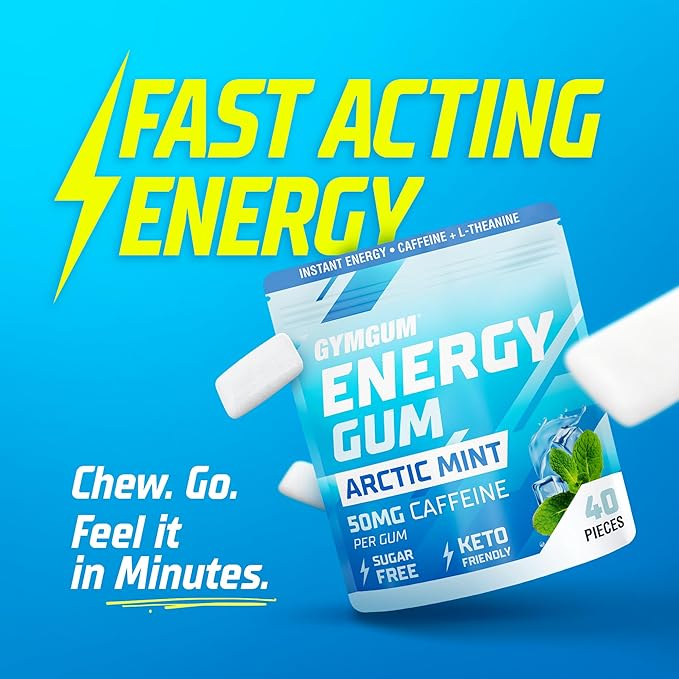 GYMGUM Energy Caffeine Gum | 50mg Caffeine | Sugar-Free, Keto-Friendly | Fast-Acting Energy & Focus Gum with Guarana & L-Theanine (10 Pieces)