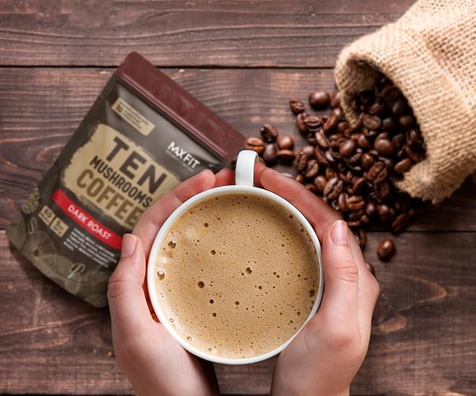 Instant Mushroom Coffee Dark Roast (60 Servings) With 10 Mushrooms (Lions Mane, Cordyceps, Turkey Tail & Other) Mixed With Gourmet 100% Arabica Instant Coffee for Focus & Gut Health Support