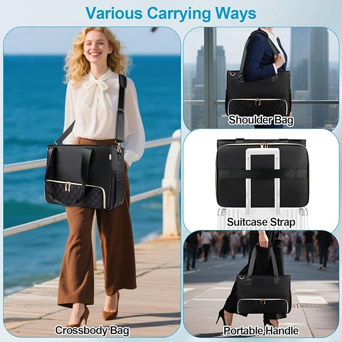 2-in-1 Laptop Tote Bag for Women with Big Insulated Lunch Compartment, Soft Nylon Work Tote Bag with 15.6 Inch Laptop Compartment& Cup Holder for Teacher Nurse Business Travel Daily (Black)