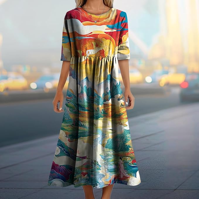 MARSVOVO Trendy Dresses for Women 2025 Classic Fairy Flowy Sundress Relaxed Fit Dress with Side Pockets