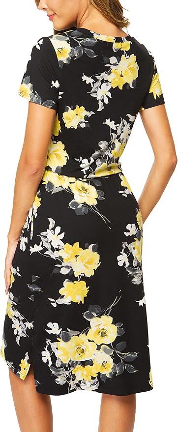 Simier Fariry Womens Spring Hide Belly Knee Length Travel Dress Pocket Summer Short Sleeve Midi Work Casual Outfits
