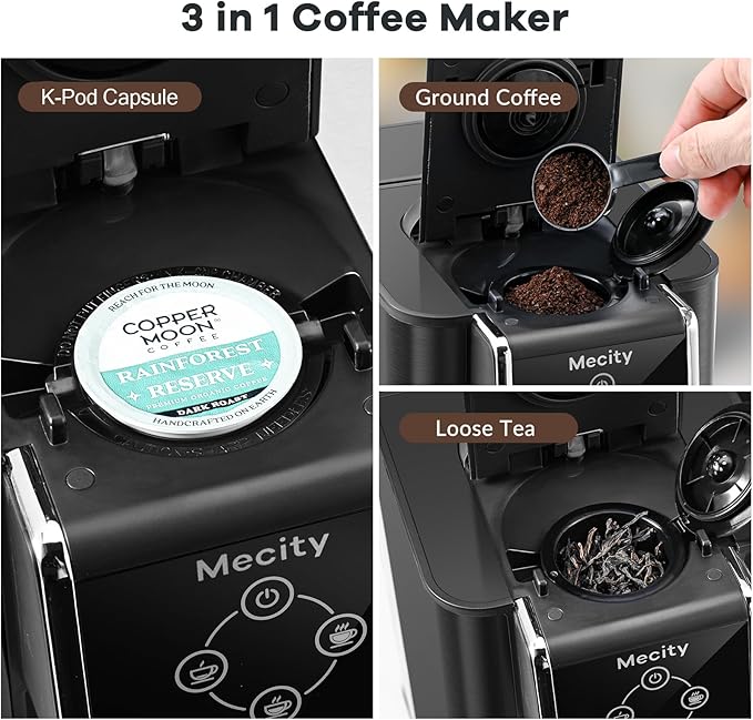 Mecity Coffee Maker 3 in 1 Single Serve Coffee Machine, Compatible with K cup Capsules, Instant Coffee Pot, Tea maker, 6,8,10 Oz Cup, Removable 50 Oz Water Reservoir, 120V 1150W, Dark Grey