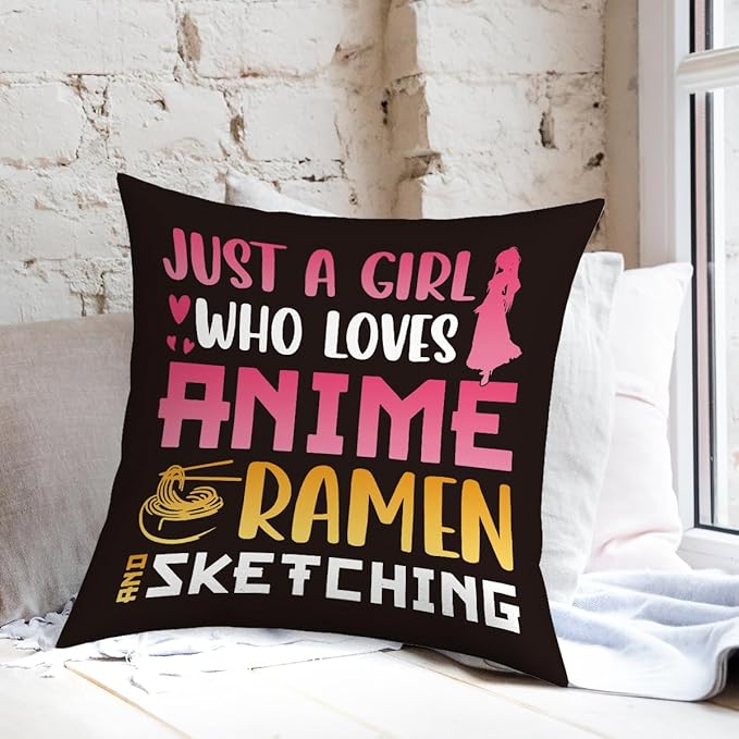 NGLIV Anime Decor, Just a Girl Who Loves Anime Ramen Anime Room Decorative Throw Pillow Covers, Girls Anime Gifts Anime Lovers for Home Living Room Girl Women Bedroom Decoration Gifts Black