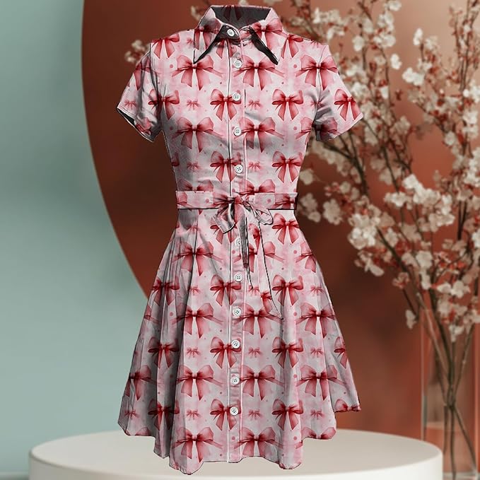 MARSVOVO Cute T Shirt Dress for Women Short Sleeve Button Up Tie Waist Elegant Casual Collared Smocked Midi Dress