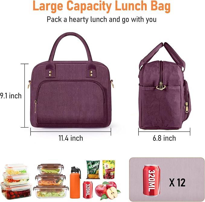 Lunch Bag Large Insulated Lunch Box for Women Men Adult Cute Purple Lunchbox Corduroy Lunch Bags Boxes Pail with Adjustable Shoulder Strap for Work Mom Picnic Office Travel 11.4×6.8×9.1 inches 11.5L