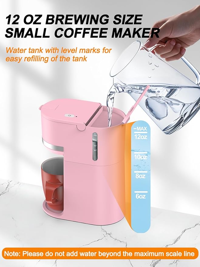 Karosie Single Serve Coffee Maker for K-Cup and Ground Coffee, Fast Brew, 6-12 oz Brew Sizes One Cup Coffee Machine Fits 5.5" Mugs, One-Button Small Coffee Maker with Descaling Reminder,Pink
