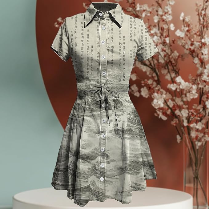 MARSVOVO Japanese Art Shirt Dresses for Women Short Sleeve Ruffle Button Down Tie Waist Trendy Elegant Midi Dress