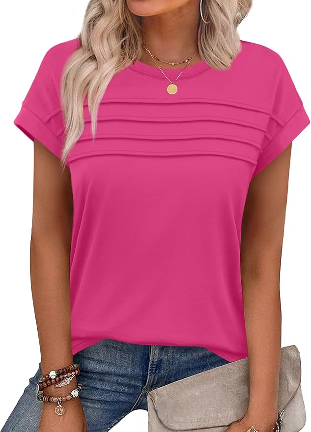 WEESO Womens Summer Tops Trendy 2026 Cap Sleeve T Shirts Crew Neck Pleated Front Beach Vacation Clothes Fashion