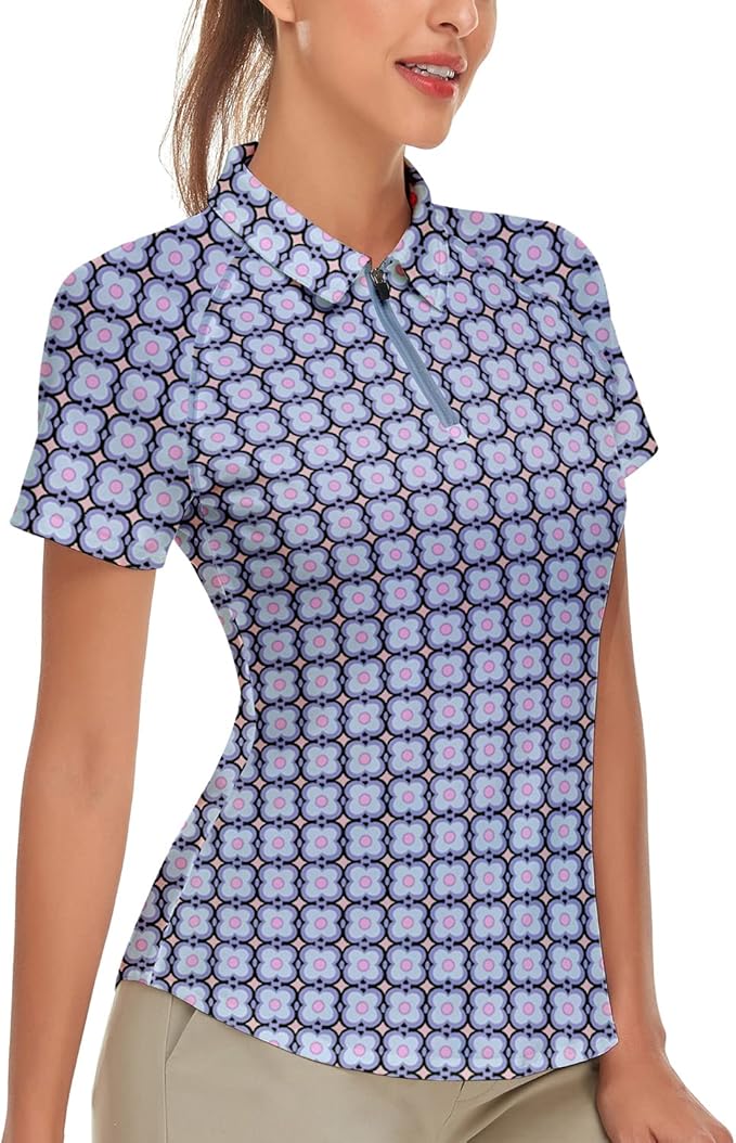 Women's Golf Shirt Short Sleeve Tennis Shirt Quarter Zip Golf Pullover Golf Polo Shirts Argyle Tops