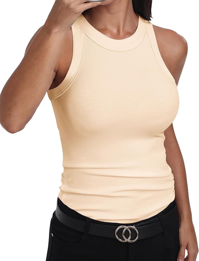 GEMBERA Womens Sleeveless Racerback High Neck Casual Basic Cotton Ribbed Fitted Tank Top