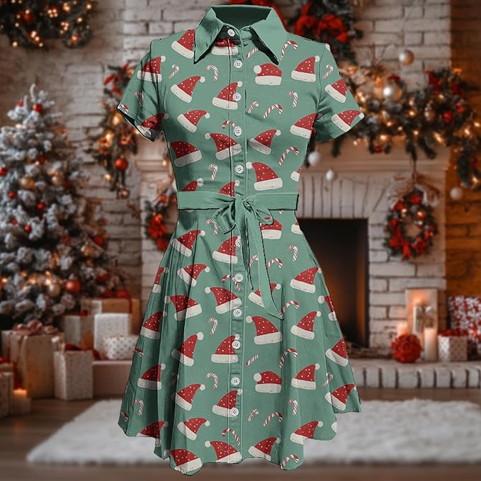MARSVOVO Cute T Shirt Dress for Women Short Sleeve Button Up Tie Waist Elegant Casual Collared Smocked Midi Dress