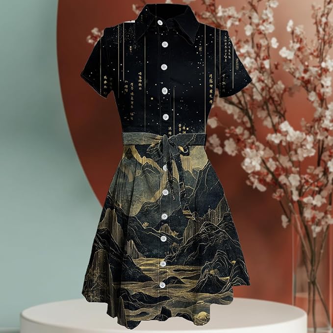 MARSVOVO Japanese Art Shirt Dresses for Women Short Sleeve Ruffle Button Down Tie Waist Trendy Elegant Midi Dress