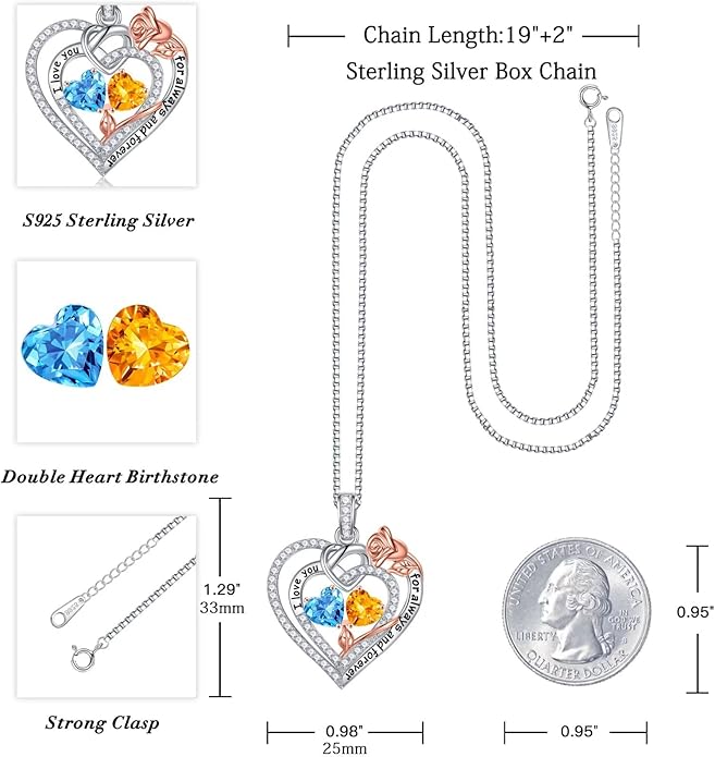Iefil Valentines Day Gifts for Her - 925 Sterling Silver Double Birthstone Necklace, Anniversary Birthday Gifts for Women, Jewelry Gift for Wife Girlfriend Mom Her
