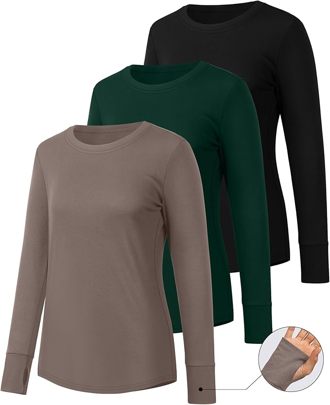 Huukeay 3 Pack Women's Long Sleeve Shirts with Thumb Holes, Cotton Casual Crew Neck Tunic Tops Fall Loose Y2k Trendy Outfits