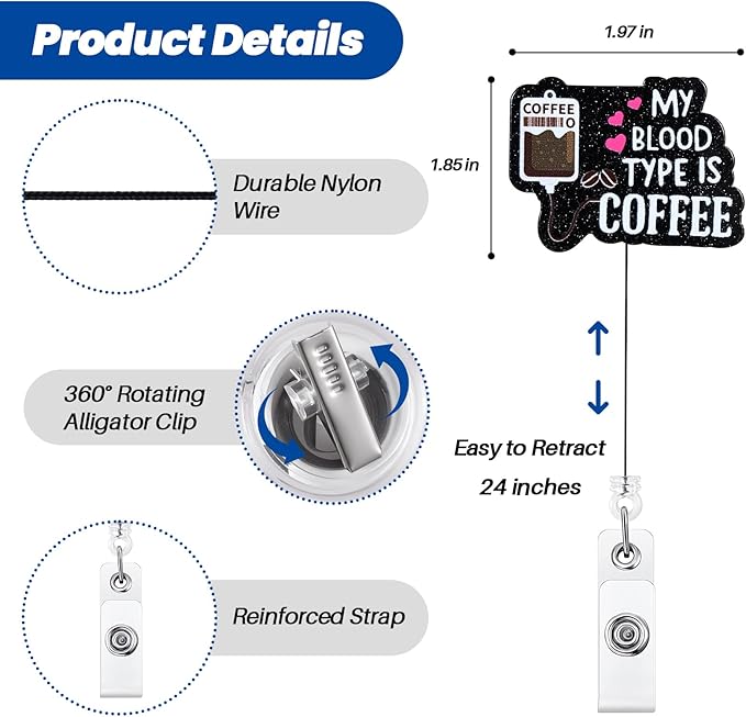 My Blood Type is Coffee Funny IV Bag Badge Reel, Cute Retractable ID Card Badge Holder, Name Tag Work Badge Clip for RN LPN CNA ICU Labor and Delivery Nurse Nursing Student Doctor Infusion Department