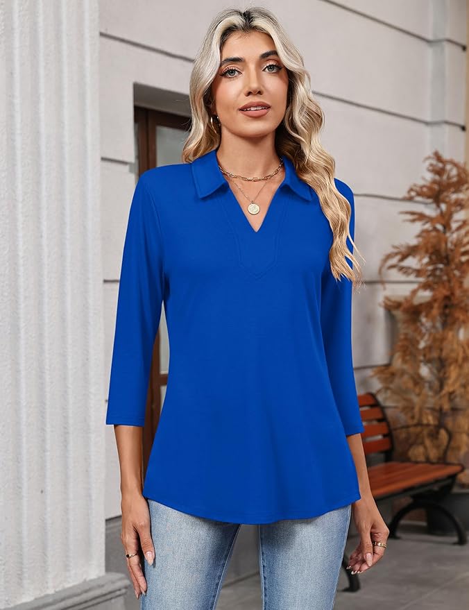 LOMON 3/4 Length Sleeve Womens Tops 2026 Spring Summer Collared Polo Shirts V Neck Casual Basic Polos Tees Shirt