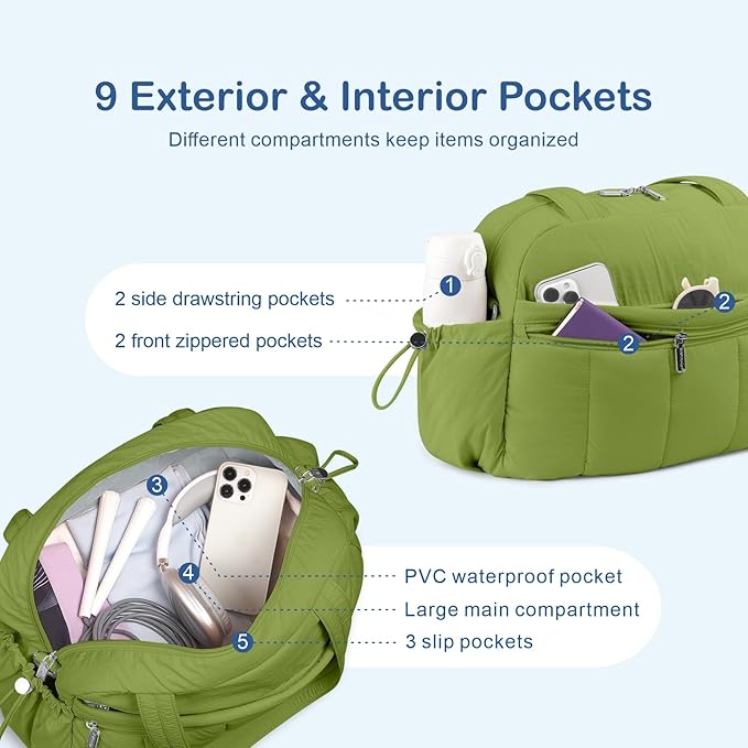 TOPDesign Travel Duffel Bag for Women, Puffer Gym Bag Sports Tote with Wet Pocket, Carry On Weekender with Luggage Sleeve (Green)