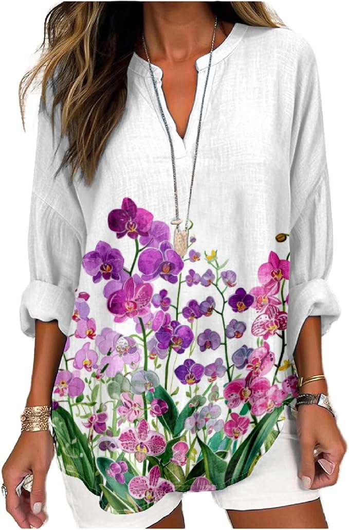 MARSVOVO V Neck Shirt For Women Boho Multi Style Blouse Long Sleeve Novelty Graphic Plus Size Pullover Tops For Women