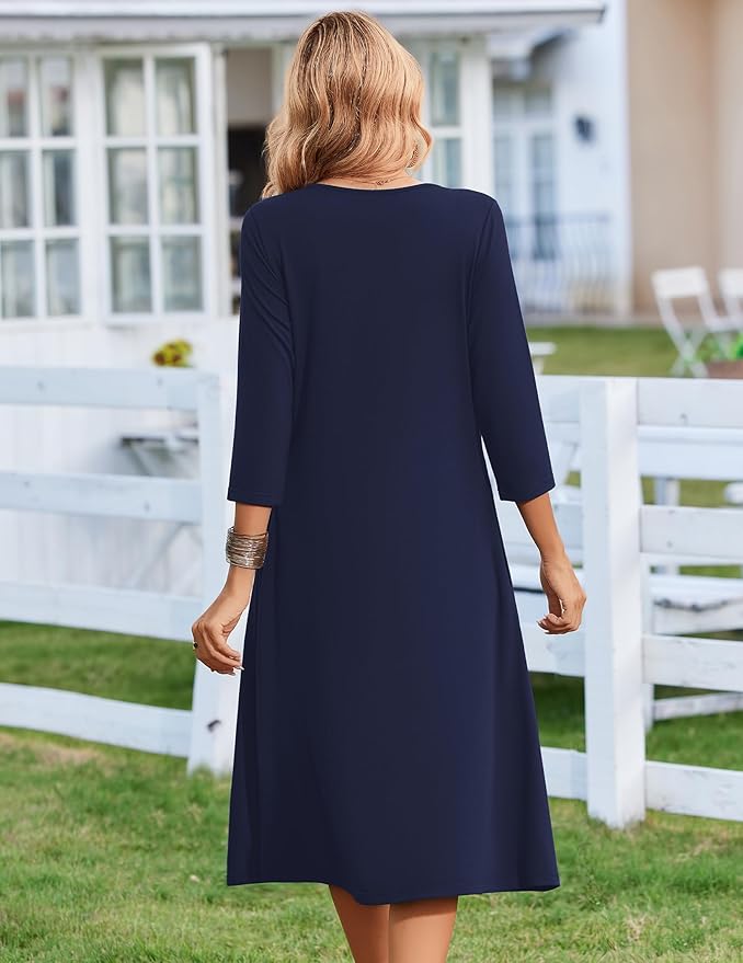 ZEAGOO 3/4 Sleeve Women's Dress Casual Flowy A-Line Midi Tshirt Dresses with Pocket Empire Waist Summer Boho Beach Sundress