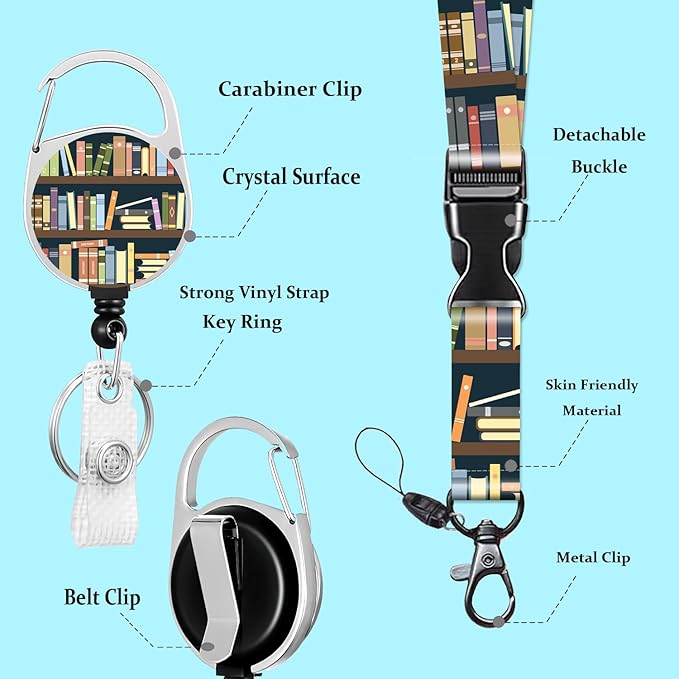 ID Badge Holder with Breakaway Book Lanyard and Retractable Badge Reel Clip,Bookshelves Full of Books Card Name Tag Lanyard Vertical ID Protector Badge Clips for Nurse Nursing Doctor Teacher