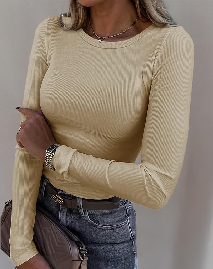 Roselux Womens Long Sleeve Stretch Crewneck Ribbed T-Shirt Fitted Casual Basic Tops