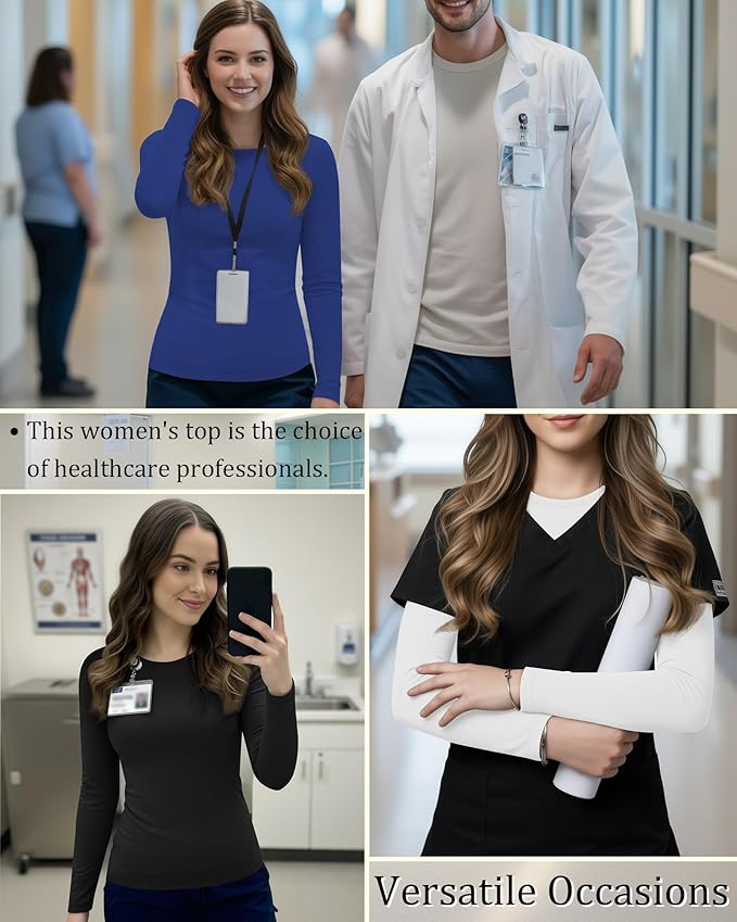 3 Pack Women's Underscrub Shirts Long Sleeve Thermal Scrub Undershirts Nurse Crew Neck Slim Fit Fleece Top Basic Tee