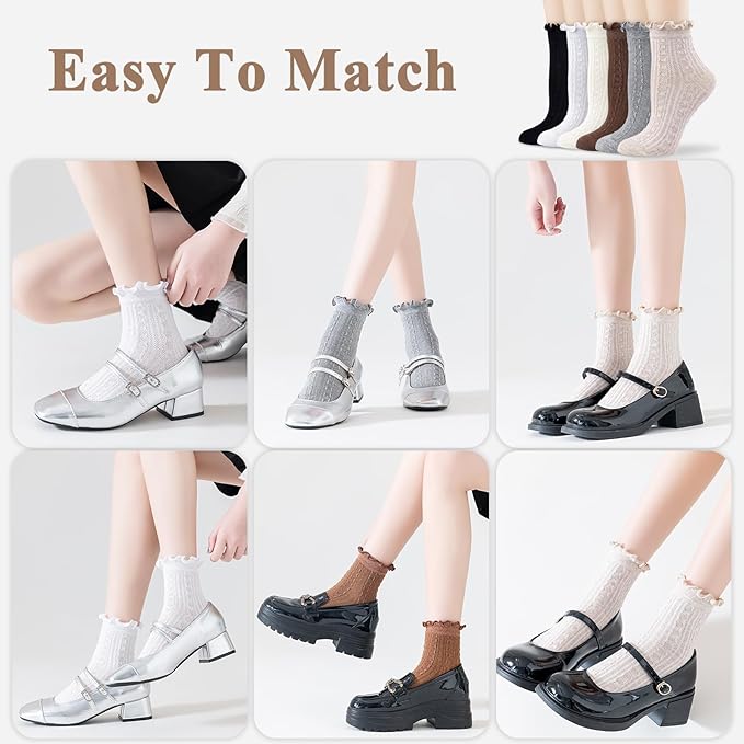 Mcool Mary Womens Crew Socks Ruffle Casual Cotton Frilly Breathable Cute Knit Lettuce Trim Dress Ankle Socks 6 Pack