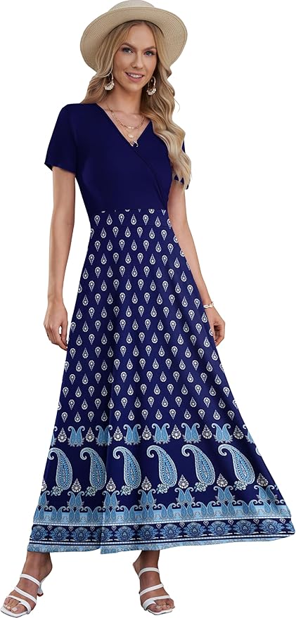 AUSELILY Maxi Dresses for Women Ankle Length Floral Print Beach Long Flowy Dress with Pockets