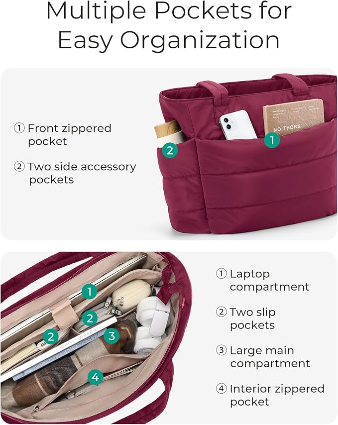 BAGSMART Tote Bag for Women, Lightweight Puffy Tote Bag with Compartments Shoulder Bag Handbag for Travel, Work, Gym | Lightweight, Puffy, Tote Bag with Compartments, Quilted, for Travel, Work