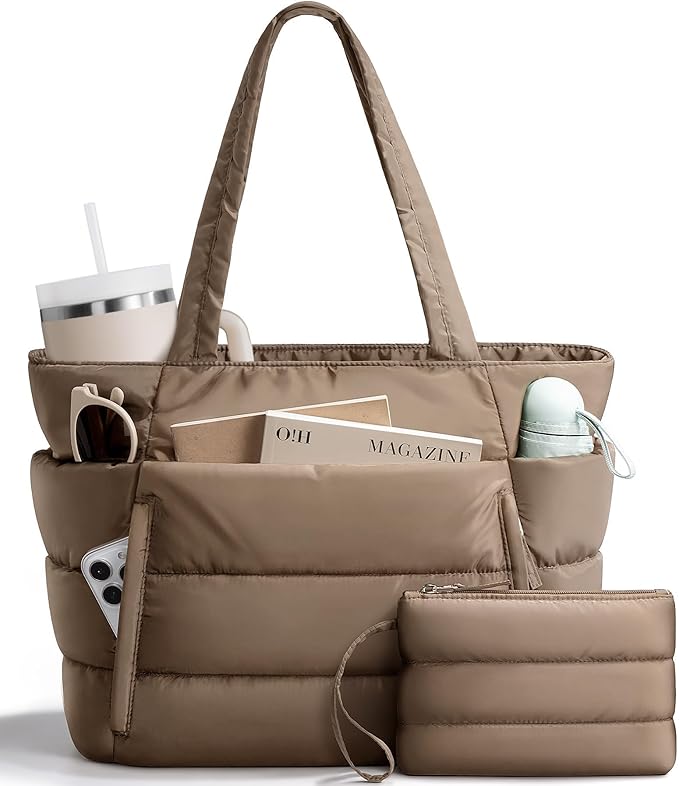 Puffer Tote Bag for Women, Lightweight Puffy Work Handbag Teacher Nurse Quilted Shoulder Bag for School Travel Gym | Quilted, with Zipper, Daily Carry On Bags, Comfy College Bags, 15.6" Laptop Sleeve, Cup Holder Pocket, Portable, Spacious