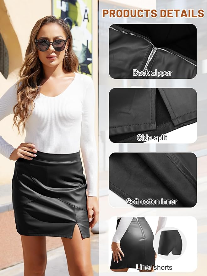 We1Fit Womens Fuax Leather Skirt High Waisted Bodycon Pencil Mini Skirts with Shorts