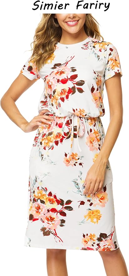 Simier Fariry Womens Spring Hide Belly Knee Length Travel Dress Pocket Summer Short Sleeve Midi Work Casual Outfits