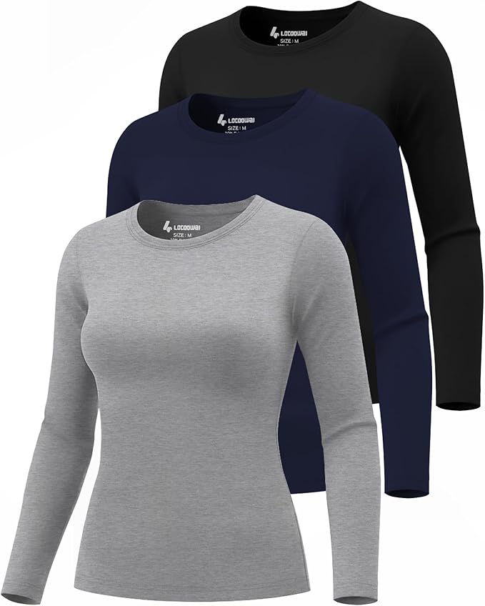 3 Pack Women's Underscrub Shirts Long Sleeve Thermal Scrub Undershirts Nurse Crew Neck Slim Fit Fleece Top Basic Tee