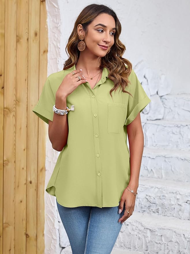 Womens Button Down Shirt Casual Short Sleeve Collared Work Blouse with Pocket