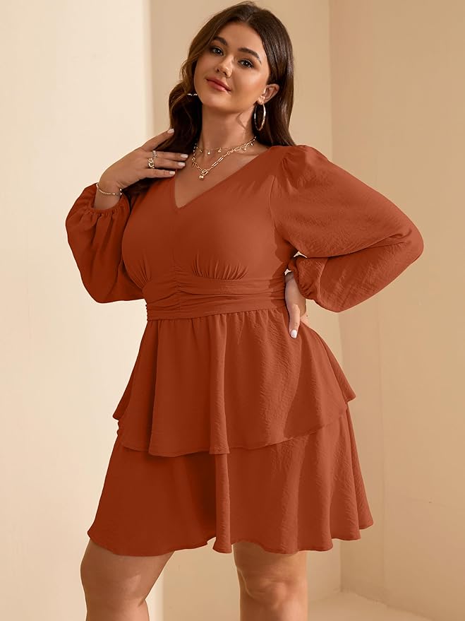 RWJ Plus Size Dresses for Curvy Women V Neck Long Sleeve Elastic Waist Fall Wedding Guest Layer Casual Mini Dress