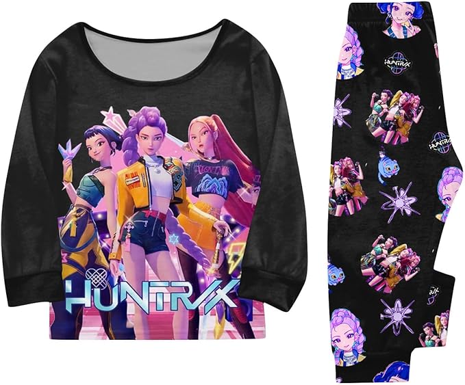 Girls 2 Piece K Pop Singer Outfits Cute Cartoon Graphic Shirts and Pants Casual Tracksuit Fashion Clothing Sets