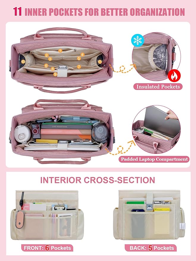 FIORETTO Teacher Tote Bag for Women with Laptop Compartment, Large Cup Holder, Zip Closure, Ideal for Work, Bible, Nurse