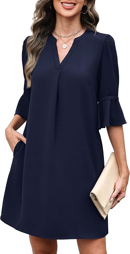 RUMIA Shift Dress for Women V Neck Ruffle Short Sleeve Loose Casual Summer Dress